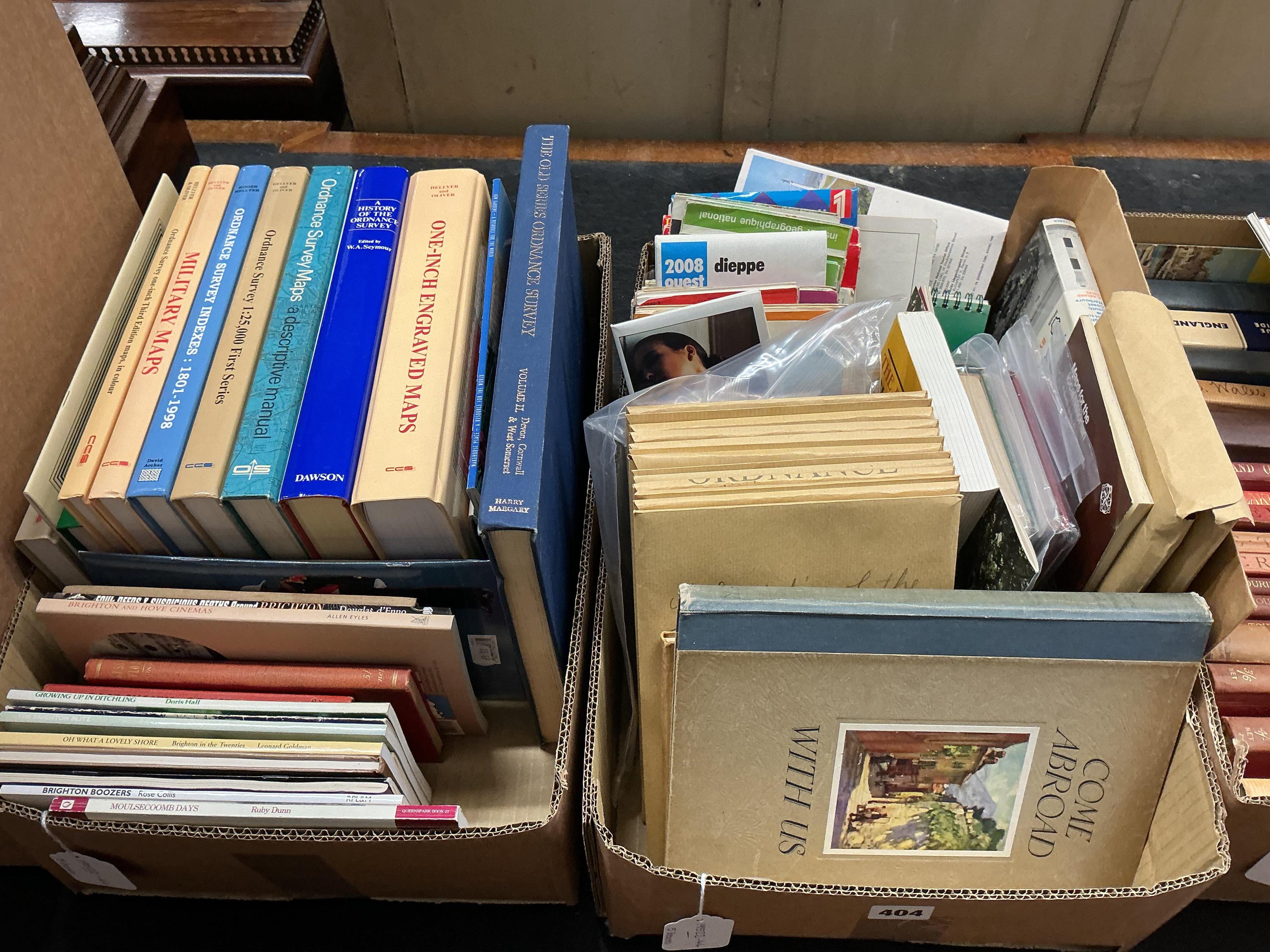 A collection of travel and Ordnance Survey books, maps, leaflets, booklets, etc., subjects include the history of the Ordnance Survey, early 20th century provincial tourist guides to England, Sussex related books, Europe